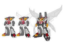Rule 34 | asymmetrical wings, cable, cable tail, character sheet, choujuu kishin dancouga, clenched hand, clenched hands, dancouga, dancouga (series), gun, heyzan, highres, mecha, mechanical tail, mechanical wings, military, no humans, red eyes, robot, science fiction, shoulder cannon, super robot, super robot wars, super robot wars 30, tail, ultimate dancouga, weapon, wings
