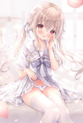 Rule 34 | 1girl, amedamacon, blurry, blurry background, blush, bow, bow panties, braid, brown hair, clothes lift, commentary request, depth of field, grey bow, hair between eyes, hair bow, hand up, head tilt, highres, lifted by self, long hair, looking at viewer, low twintails, original, panties, parted lips, petals, pleated skirt, red eyes, sailor collar, school uniform, serafuku, shirt, short sleeves, sidelocks, skirt, skirt lift, solo, twintails, underwear, very long hair, white bow, white panties, white sailor collar, white serafuku, white shirt, white skirt