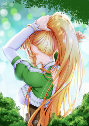 Rule 34 | 1girl, armor, arms up, blonde hair, blurry, blurry background, bracelet, braid, breastplate, breasts, commentary request, detached sleeves, forest, hair focus, highres, jewelry, ken-ji, large breasts, leafa, light particles, long hair, nape, nature, outdoors, pointy ears, ponytail, shrug (clothing), sideboob, signature, sword art online, twitter username, tying hair, very long hair, white sleeves