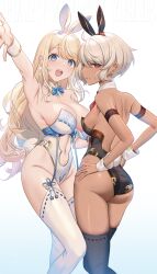Rule 34 | + +, 2023, 2girls, absurdres, animal ears, armband, armpits, ass, back, bare hips, bare shoulders, blonde hair, blue eyes, blush, bow, bowtie, breasts, chinese knot, cleavage, clothing cutout, cowboy shot, dark skin, fake animal ears, fake tail, from behind, grey hair, hair between eyes, hands on own hips, happy new year, highleg, highleg leotard, highres, katase bono, large breasts, leotard, long hair, looking at viewer, looking back, multiple girls, navel, navel cutout, new year, open mouth, original, oversized breast cup, playboy bunny, rabbit ears, rabbit tail, reaching, reaching towards viewer, red eyes, shoulder blades, simple background, swept bangs, tail, thighhighs, white background
