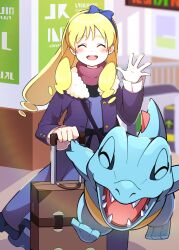 Rule 34 | 1girl, :d, absurdres, blonde hair, blue bow, blue hairband, blurry, blurry background, blush, bow, bow hairband, buttons, closed eyes, commentary request, creatures (company), eyelashes, facing viewer, game freak, gen 2 pokemon, hairband, hand up, highres, holding, jacket, long hair, long sleeves, nintendo, open clothes, open jacket, open mouth, pokemon, pokemon (creature), pon yui, scarf, smile, suitcase, teeth, tongue, totodile, upper teeth only, waving
