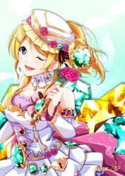 Rule 34 | 1girl, absurdres, artist request, ayase eli, bare legs, bare shoulders, blonde hair, blue eyes, blush, breasts, cleavage, collarbone, detached collar, dress, earrings, elbow sleeves, female focus, flower, frilled dress, frills, hair between eyes, hair bobbles, hair ornament, hairclip, hat, hat flower, highres, holding, holding key, jewelry, key, keyhole, long hair, looking at viewer, love live!, love live! school idol festival, love live! school idol project, medium breasts, nota (nota i30), nota (pixiv26315531), nota i30, nota u, one eye closed, parted lips, ponytail, red flower, skirt, smile, solo, white detached collar, white dress, white hat, white skirt