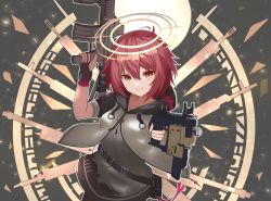 Rule 34 | 1girl, :d, aiming, aiming at viewer, arknights, assault rifle, belt, black gloves, black skirt, dual wielding, exusiai (arknights), fingerless gloves, gloves, grey shirt, grin, gun, h&amp;k hk416, hair between eyes, hair over one eye, halo, highres, holding, holding gun, holding weapon, jacket, kriss vector, kuwan4971, looking at viewer, open mouth, red eyes, red hair, rifle, shirt, short hair, short sleeves, skirt, smile, solo, submachine gun, teeth, trigger discipline, weapon, white jacket, wings