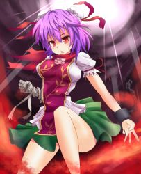 Rule 34 | 1girl, chain, chinese clothes, cuffs, double bun, female focus, flower, ibaraki kasen, open mouth, puffy sleeves, purple hair, red eyes, rose, shackles, short hair, short sleeves, solo, sumapan, touhou