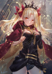 Rule 34 | 1girl, absurdres, artist name, azomo, black dress, black leotard, blonde hair, blurry, bow, breasts, cape, cowboy shot, depth of field, dress, ereshkigal (fate), fate (series), hair bow, hand on own chest, hands up, has bad revision, has downscaled revision, highres, legs apart, leotard, light smile, long hair, md5 mismatch, orange eyes, outdoors, parted bangs, parted lips, red bow, resolution mismatch, signature, small breasts, solo, source smaller, tohsaka rin, wavy hair