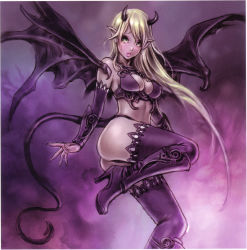 Rule 34 | 1girl, blonde hair, boots, breasts, cleavage, demon girl, covered erect nipples, green eyes, high heels, highres, horns, long hair, pointy ears, shoes, solo, demon girl, tail, tears, thighhighs, wild flower, wings, yamashita shun&#039;ya