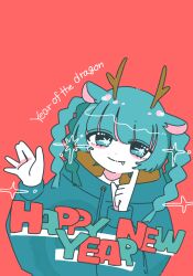 Rule 34 | 1girl, 2024, blue eyes, blue hair, blue hoodie, braid, chinese zodiac, closed mouth, dot nose, drawstring, fake horns, fang, finger to cheek, flat color, hand up, happy new year, head tilt, highres, hood, hood down, hoodie, horns, index finger raised, long bangs, long sleeves, looking at viewer, new year, open hand, original, red background, sleeves past wrists, smile, solo, sskitaco, straight-on, upper body, year of the dragon