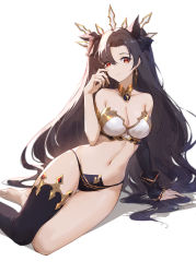 Rule 34 | 1girl, absurdres, bare shoulders, bikini, black bikini, black hair, black thighhighs, bow, breasts, cleavage, closed mouth, collar, collarbone, duplicate, earrings, expressionless, fate/grand order, fate (series), gold trim, hair bow, hand up, highres, hoop earrings, ishtar (fate), jewelry, lance (lancelliu), long hair, long sleeves, looking at viewer, medium breasts, mismatched bikini, navel, parted bangs, pixel-perfect duplicate, red eyes, revealing clothes, simple background, single sleeve, single thighhigh, sitting, solo, stomach, string bikini, swimsuit, thigh gap, thighhighs, thighs, two side up, very long hair, white background, white bikini, yokozuwari