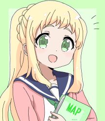 1girl blonde_hair blue_sailor_collar chikadaioshi collarbone dot_nose female_focus green_background green_eyes highres holding holding_map inose_mai koisuru_asteroid long_hair long_sleeves looking_at_viewer map open_clothes open_mouth open_sweater pink_sweater sailor_collar school_uniform serafuku shirt simple_background solo standing sweater