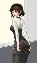 Rule 34 | 10s, 1girl, absurdres, ass, black pantyhose, braid, brown hair, crown braid, from behind, halterneck, highres, looking back, miniskirt, nanami (relivemm5000), niijima makoto, pantyhose, parted lips, persona, persona 5, plaid, plaid skirt, pleated skirt, red eyes, red lips, shirt, skirt, skirt tug, solo, turtleneck, white shirt