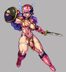 Rule 34 | 1girl, armor, breasts, dragon quest, helmet, medium breasts, muscular, navel, pixel art, shield, soldier (dq3), solo, sword, weapon, yumura kino, yumurama