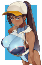 Rule 34 | 1girl, :d, bare shoulders, blue eyes, blush, brown hair, competition swimsuit, covered navel, dark-skinned female, dark skin, hai ookami, hat, highres, long hair, looking at viewer, one-piece swimsuit, open mouth, original, ponytail, smile, solo, swimsuit