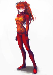 Rule 34 | 1girl, absurdres, artist request, bad anatomy, blue eyes, blush, bodysuit, breasts, covered navel, evangelion: 2.0 you can (not) advance, full body, hair ornament, highres, long hair, looking away, medium breasts, multicolored clothes, neon genesis evangelion, orange hair, plugsuit, rebuild of evangelion, simple background, skin tight, solo, souryuu asuka langley, standing, test plugsuit, twintails, two side up