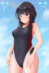 Rule 34 | 1girl, agatsuma kaede, alice gear aegis, black hair, black one-piece swimsuit, blue background, blue eyes, blue sky, breasts, breasts apart, competition swimsuit, covered navel, cowboy shot, day, embarrassed, maxdeng, one-piece swimsuit, outdoors, sky, solo, standing, swimsuit, thighs, viewfinder, wavy mouth