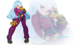 Rule 34 | 1girl, belt, blue hair, bodysuit, breasts, chaps, cropped jacket, expressionless, fl (l-fl), gloves, highres, jacket, kula diamond, long hair, looking at viewer, medium breasts, red eyes, simple background, solo, the king of fighters, zipper