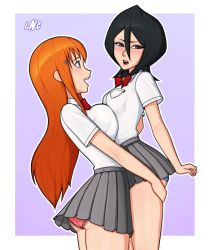 Rule 34 | 2girls, ass, asymmetrical docking, black hair, bleach, blue panties, blush, bow, breast press, breasts, feet out of frame, from side, grey skirt, hair between eyes, hair ornament, held up, inoue orihime, kuchiki rukia, large breasts, lips, long hair, loodncrood, looking at another, looking to the side, multiple girls, bowtie, open mouth, orange hair, panties, pink panties, pleated skirt, red bow, school uniform, shirt, short hair, sidelocks, skirt, small breasts, standing, teeth, thighs, underwear, upper teeth only, white shirt