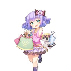 Rule 34 | 1girl, :3, animal, animal print, aqua eyes, bag, bow, character request, facial mark, hair bow, heart, heart-shaped eyewear, heart-shaped sunglasses, jewelry, jitome, koala, leg up, leopard print, light purple hair, looking at viewer, necklace, official art, open mouth, rest and vacation, scrunchie, short hair, skirt, solo, transparent background, two side up, uchi no hime-sama ga ichiban kawaii, wrist scrunchie