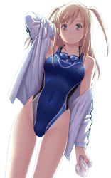 Rule 34 | 1girl, bare shoulders, blonde hair, blush, breasts, brown eyes, collarbone, competition swimsuit, covered erect nipples, dutch angle, goggles, goggles around neck, highleg, highleg swimsuit, highres, holding, jacket, kuri (kurigohan), long hair, mizuno (brand), off shoulder, one-piece swimsuit, original, small breasts, solo, swimsuit, thigh gap, twintails