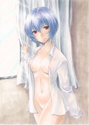 Rule 34 | 1girl, absurdres, arm at side, ayanami rei, blue hair, borrowed clothes, bottomless, breasts, closed mouth, collarbone, collared shirt, commentary, cowboy shot, curled fingers, curtains, dress shirt, groin, hair between eyes, hand on wall, hand up, head tilt, highres, indoors, light rays, light smile, long sleeves, looking at viewer, marker (medium), medium breasts, naked shirt, navel, neon genesis evangelion, nipple slip, nipples, no bra, no panties, no pants, open clothes, open shirt, pussy, pussy peek, red eyes, see-through, see-through shirt, shirt, short hair, sleeves past wrists, smile, solo, standing, sunbeam, sunlight, traditional media, unbuttoned, window, yuuki chima