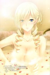 Rule 34 | 10s, 1girl, absurdres, bathing, blonde hair, blue eyes, blush, breasts, celia kumani entory, highres, large breasts, long hair, nude, official art, sitting, smile, solo, steam, walkure romanze, water, wet