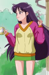 Rule 34 | bishoujo senshi sailor moon, black hair, cup, green skirt, highres, hino rei, holding, holding cup, long hair, mug, nanaeljustice, outdoors, skirt, smile, sweater