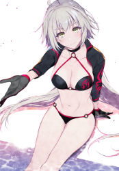 Rule 34 | 1girl, ahoge, bikini, black bikini, black gloves, collarbone, commentary request, eyes visible through hair, fate/grand order, fate (series), gloves, grey hair, head tilt, highres, jeanne d&#039;arc alter (swimsuit berserker) (fate), jeanne d&#039;arc (fate), jeanne d&#039;arc alter (fate), jeanne d&#039;arc alter (swimsuit berserker) (fate), long hair, looking at viewer, navel, o-ring, o-ring bikini, o-ring top, outstretched arm, pochi (pochi-goya), shrug (clothing), sitting, solo, swimsuit, v-shaped eyebrows, very long hair, yellow eyes
