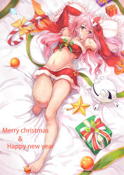 Rule 34 | 10s, 1girl, absurdres, bandeau, bare shoulders, barefoot, blush, breasts, candy, candy cane, card, christmas, curvy, elbow gloves, feet, food, fur trim, fyu-neru, gift, gloves, guilty crown, hair ornament, hairclip, happy new year, highres, long hair, looking at viewer, lying, merry christmas, midriff, miniskirt, new year, panties, pantyshot, pink hair, red eyes, skirt, smile, solo, toes, underwear, white panties, xiao miao, yuzuriha inori
