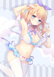 Rule 34 | 1girl, absurdres, arm up, armpits, bad id, bad pixiv id, bare shoulders, bikini, blonde hair, blue eyes, blue wings, blush, breasts, cleavage, closed mouth, collarbone, commentary request, frilled bikini, frills, garter straps, hair between eyes, hair ribbon, heart, highres, long hair, medium breasts, mini wings, original, purple ribbon, ribbon, side-tie bikini bottom, solo, swimsuit, thighhighs, tsuruse, two side up, white bikini, white thighhighs, wings, wrist cuffs