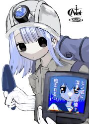 Rule 34 | 1girl, backpack, bag, black eyes, blue hair, breast pocket, closed mouth, crt, from side, gloves, grey shirt, hard hat, headlamp, helmet, highres, holding, light blue hair, looking at viewer, looking to the side, medium hair, original, pocket, shirt, simple background, solo, straight hair, upper body, urokogaran, white background, white gloves, white headwear