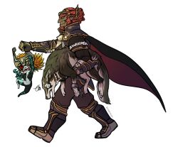 Rule 34 | 1girl, 2boys, @ @, armor, boots, bracelet, cape, carrying, chain, colored skin, full body, ganondorf, gloves, grey skin, jewelry, kerrtesy, link, mask, midna, multiple boys, nintendo, open mouth, orange eyes, orange hair, pants, red eyes, red hair, scared, smile, tail, the legend of zelda, the legend of zelda: twilight princess, transformation, walking, wolf