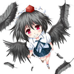 Rule 34 | 1girl, black hair, black wings, feathers, female focus, from above, full body, hat, looking up, red eyes, shameimaru aya, simple background, smile, solo, standing, touhou, usakou, white background, wings