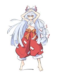 Rule 34 | 1girl, adapted costume, armpits, arms up, baggy pants, bare arms, barefoot, blunt bangs, blunt ends, bow, crop top, expressionless, fujiwara no mokou, full body, grey hair, hair bow, highres, long hair, looking at viewer, navel, ofuda, ofuda on clothes, orange bow, orange eyes, pants, primsla, red pants, simple background, solo, standing, stomach, straight hair, touhou, waist bow, white background, white bow