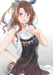 Rule 34 | 1girl, absurdres, apron, bandaid, bandaid on hand, blush, bow, brown hair, ear covers, green bow, hair bow, hand on own hip, highres, horse girl, izuminnu, king halo (umamusume), long hair, looking at viewer, red eyes, sleeveless, solo, standing, umamusume