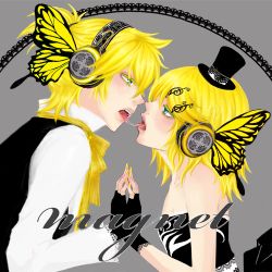 Rule 34 | 1boy, 1girl, aqua eyes, bad id, bad pixiv id, blonde hair, brother and sister, butterfly wings, face-to-face, fingerless gloves, gloves, hair ornament, hairclip, headphones, hetero, incest, insect wings, kagamine len, kagamine rin, lowres, magnet (vocaloid), nail polish, saliva, saliva trail, short hair, siblings, twincest, twins, vocaloid, wings, yellow nails, zanichi