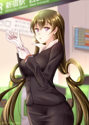 Rule 34 | 1girl, alternate costume, bad id, bad pixiv id, breasts, business suit, buttons, commentary request, fate/grand order, fate (series), formal, gloves, hair between eyes, hikaru 310, large breasts, long hair, looking at viewer, office lady, pencil skirt, purple eyes, skirt, skirt suit, solo, suit, very long hair, white gloves, xuangzang sanzang (fate)