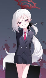 Rule 34 | 1girl, absurdres, black shorts, blood, blood splatter, blue archive, blush, collared shirt, cowboy shot, formal, grey hair, grin, halo, highres, honi (honi1010), long hair, long sleeves, looking at viewer, mutsuki (blue archive), mutsuki (suit) (blue archive), necktie, official alternate costume, pointy ears, ponytail, purple eyes, red halo, red necktie, shirt, shorts, smile, solo, suit, white shirt