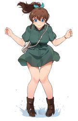 Rule 34 | 1girl, bag, bare legs, blue eyes, boots, breasts, brown footwear, brown hair, closed mouth, collared dress, dress, full body, green dress, hair between eyes, handbag, highres, idolmaster, idolmaster million live!, idolmaster million live! theater days, kamille (vcx68), leaning forward, light blush, long hair, looking down, medium breasts, outstretched arm, pigeon-toed, ponytail, puddle, satake minako, see-through, short sleeves, simple background, smile, solo, splashing, thigh gap, white background, wristband