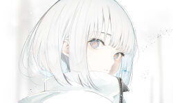 Rule 34 | 1girl, absurdres, blue eyes, blurry, blurry background, closed mouth, high collar, highres, kisaragi yaya, looking at viewer, original, portrait, short hair, signature, smile, solo, white background, white hair, white theme, zipper, zipper pull tab