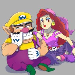 Rule 34 | 1boy, 1girl, arettes, bandana, breasts, captain syrup, cleavage, earrings, gloves, hat, highres, jewelry, lips, make, makeup, nintendo, pants, pirate, red eyes, red hair, shoes, skull, tagme, tomboy, wario, wario land, wario land: shake it!