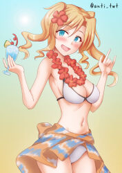 Rule 34 | 1girl, anti (untea9), bikini, blonde hair, blue eyes, cup, drill hair, highres, holding, holding cup, honolulu (kancolle), kantai collection, looking at viewer, sarong, smile, solo, swimsuit, twintails, white bikini