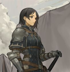 Rule 34 | 1girl, absurdres, armor, belt, belt pouch, black hair, closed mouth, cloud, controlline3, earrings, female knight, gauntlets, grey eyes, hand on hilt, hand on weapon, highres, jewelry, knight, original, outdoors, pauldrons, pouch, scratches, short hair, shoulder armor, single earring, smoke, solo, sword, tent, vambraces, weapon