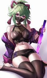Rule 34 | 1girl, absurdres, arm support, bad id, bad twitter id, bare shoulders, black shirt, black shorts, black thighhighs, commentary, crop top, eternity (shadeh), fingerless gloves, genshin impact, gloves, gradient background, green hair, grey background, head tilt, highres, holding, holding sword, holding weapon, jacket, kuki shinobu, long sleeves, looking at viewer, mask, midriff, mouth mask, nail polish, navel, off shoulder, open clothes, open jacket, ponytail, purple eyes, purple gloves, purple jacket, purple nails, shirt, short hair, short shorts, shorts, sitting, sleeveless, sleeveless shirt, solo, stirrup legwear, stomach, sword, thighhighs, thighs, toeless legwear, wariza, weapon, white background