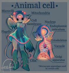 Rule 34 | 1girl, biology, cell (biology), character name, claws, commentary, cross-section, diagram, dress, educational, english commentary, english text, feefal, full body, green dress, hair ornament, highres, membrane, monster girl, original, personification, revealing layer, see-through, standing, x-ray
