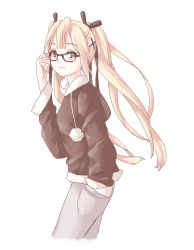 Rule 34 | 1girl, adjusting hair, bespectacled, blonde hair, blue eyes, casual, dead or alive, dead or alive 5, formless god, glasses, hair ribbon, hand in pocket, hood, hoodie, long hair, marie rose, ribbon, smile, solo, twintails