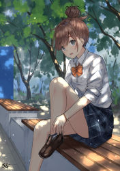 Rule 34 | 1girl, ankle socks, bad id, bad pixiv id, blue skirt, blush, bow, breasts, brown bow, brown footwear, collared shirt, commentary request, dappled sunlight, day, dress shirt, grey eyes, hair between eyes, hair bun, highres, knee up, loafers, looking at viewer, miko fly, on bench, original, outdoors, parted lips, plaid, plaid legwear, plaid skirt, shirt, shoes, short sleeves, signature, single hair bun, sitting, skirt, small breasts, socks, solo, sunlight, tree, vending machine, white shirt
