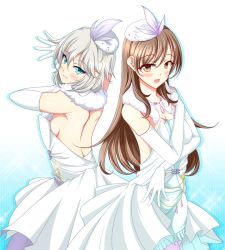 Rule 34 | 10s, 2girls, anastasia (idolmaster), backless dress, backless outfit, bad id, bad pixiv id, blue eyes, breasts, brown eyes, brown hair, dress, elbow gloves, gloves, hat, idolmaster, idolmaster cinderella girls, jewelry, long hair, multiple girls, nitta minami, open mouth, pantyhose, pure white memories, sayossa (pak-front), short hair, silver hair, smile, white dress