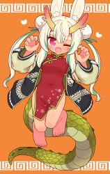 Rule 34 | 1girl, ;d, animal ear fluff, animal ears, barefoot, black jacket, blonde hair, blush, breasts, bun cover, china dress, chinese clothes, chinese zodiac, claw pose, commentary request, covered navel, dark skin, double bun, dragon girl, dragon horns, dragon tail, dress, etrian odyssey, fang, full body, green hair, hair between eyes, hair bun, hands up, heart, heart-shaped pupils, highres, horns, jacket, long sleeves, looking at viewer, masurao (sekaiju), masurao 2 (sekaiju), multicolored hair, naga u, one eye closed, open clothes, open jacket, open mouth, orange background, puffy long sleeves, puffy sleeves, purple eyes, rabbit ears, rabbit girl, red dress, sekaiju no meikyuu, sekaiju no meikyuu 5, short eyebrows, simple background, small breasts, smile, solo, streaked hair, symbol-shaped pupils, tail, thick eyebrows, toenails, toes, twintails, year of the dragon