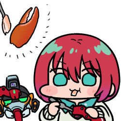 1girl amate_yuzuriha building crab gquuuuuux green_eyes gundam gundam_gquuuuuux jazz_jack lowres mecha red_hair robot short_hair smile sweater white_background