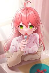 Rule 34 | 1girl, ahoge, arm on table, blush, breasts, cardigan, commentary, eating, food, fork, fruit, green eyes, hair between eyes, highres, holding, holding fork, hololive, jacket, jacket partially removed, long hair, looking at viewer, medium breasts, pink hair, plate, sakura miko, shirt, soda dokka ikou, solo, strawberry, table, upper body, virtual youtuber