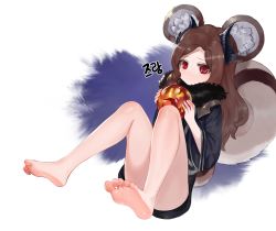 Rule 34 | 1girl, animal ears, bad id, bad pixiv id, bare legs, barefoot, black shirt, blush, bottomless, brown hair, commentary request, convenient leg, dokomon, feet, feet up, full body, fur trim, highres, holding, horns, korean commentary, korean text, leaning back, long hair, long sleeves, looking at viewer, orb, original, pout, reclining, red eyes, shirt, soles, squirrel ears, squirrel girl, squirrel tail, tail, white background, wide sleeves